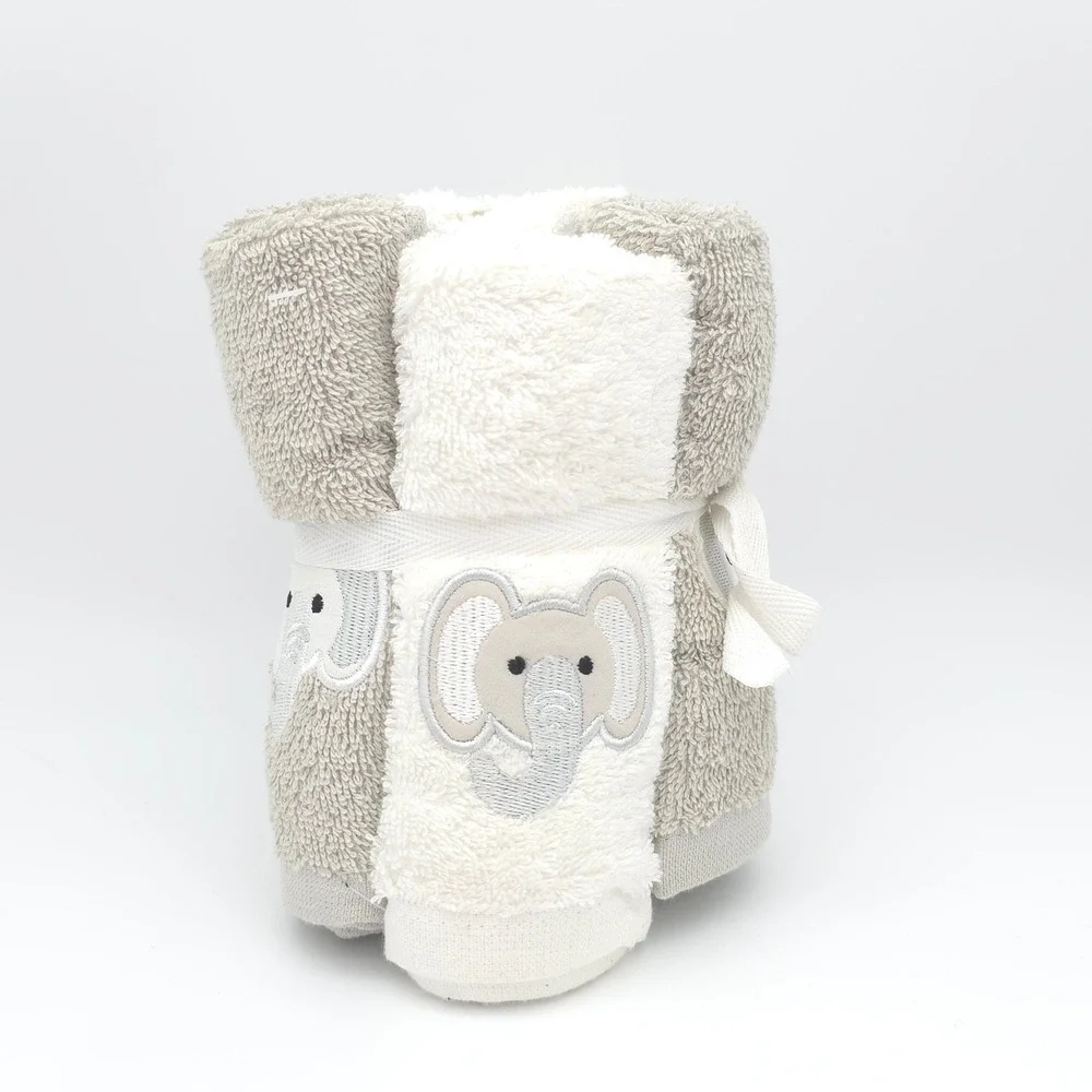 Elephant Washcloth 6Pk Cotton Grey White Embroidered Bath Set‎ Plush Towel New